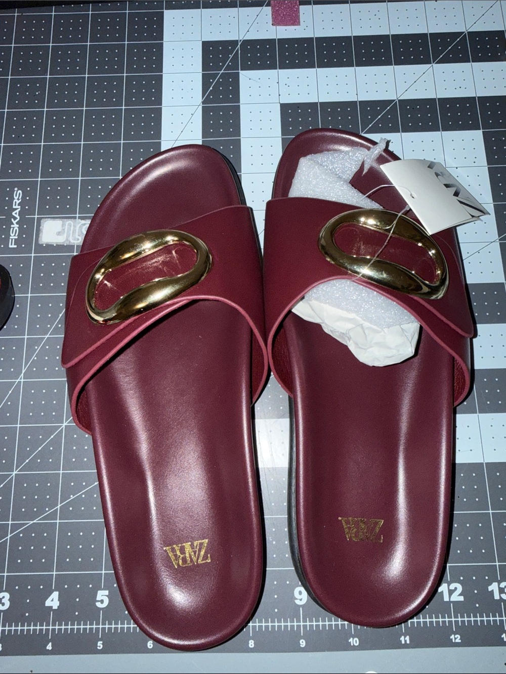 Zara Burgundy Slide Sandals with Gold Oval Accent